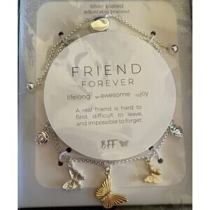 NEW Friend Forever Adjustable Charm Bracelet Butterfly 2-Tone Cz Stone Gift Box